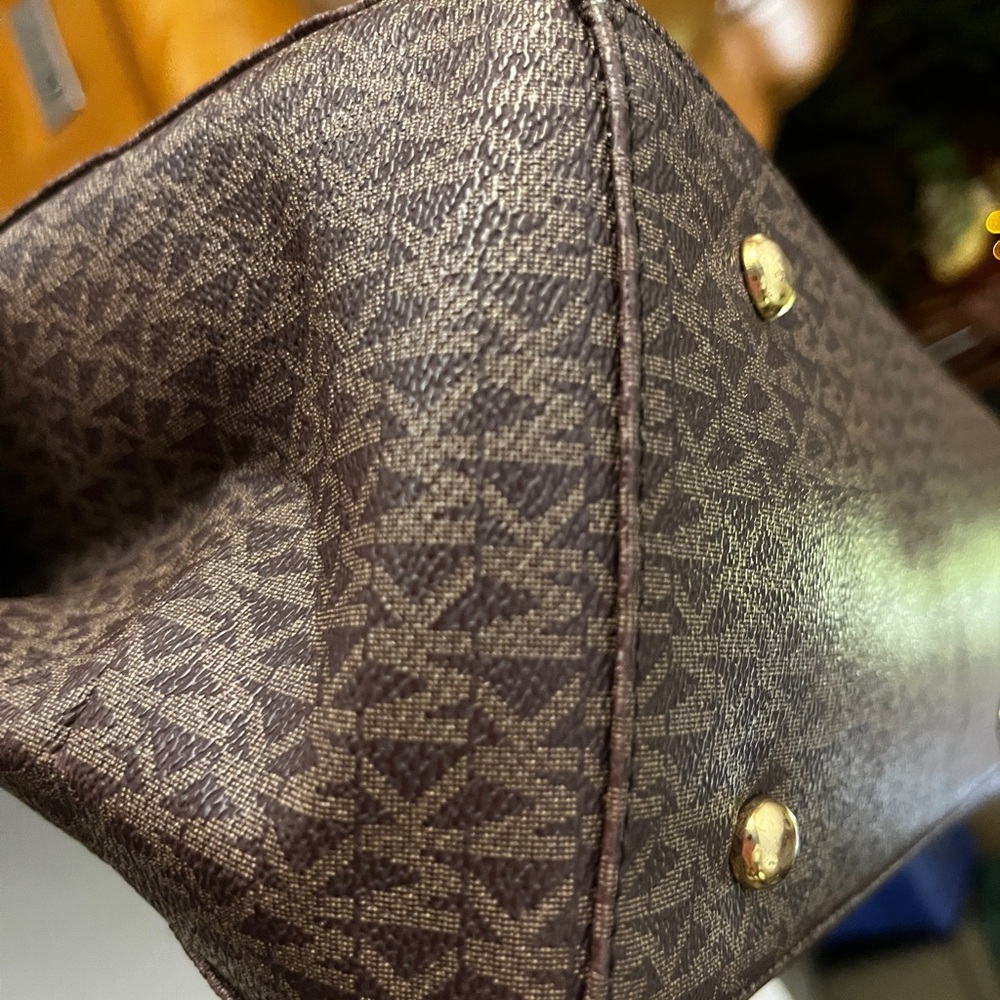 Michael Kors Dark Brown Logo Tote with Gold Chain Accents 13” x 10” X 5” - Picture 8 of 16